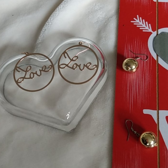 Novelty Gold Tone Love Hoops and Drop Dangle Orb Earrings - Picture 4 of 7